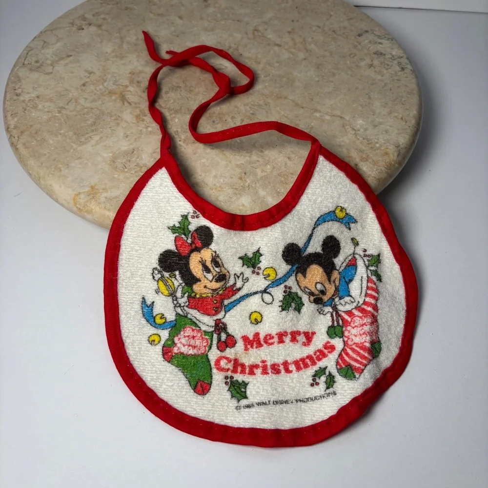 Vintage 1984 Walt Disney Mickey Minnie Mouse Merry Christmas Baby Bib‎ Tie Back
